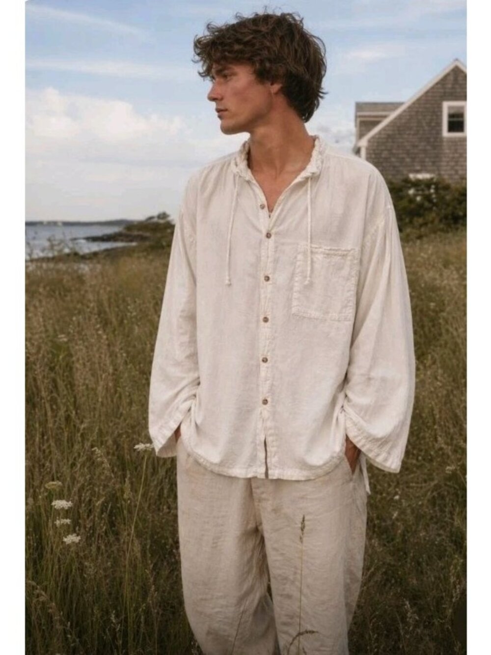 Vtg Cottonseed Mens Shirt Tunic Peasant Wide Sleeve Drawstring Neckline XXL